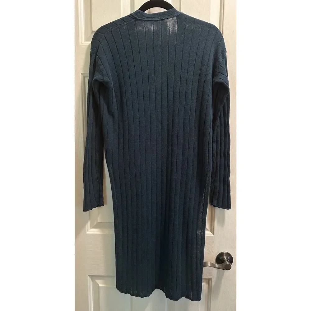 Free People Ribby-Rib Long‎ Duster BOHO Teal Open Sweater Cardigan Sz M